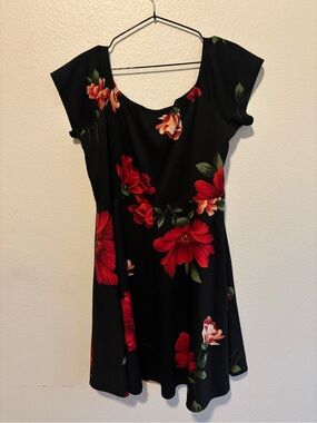 Black Floral Scoop-Neck Fit & Flare Dress with Red Blooms